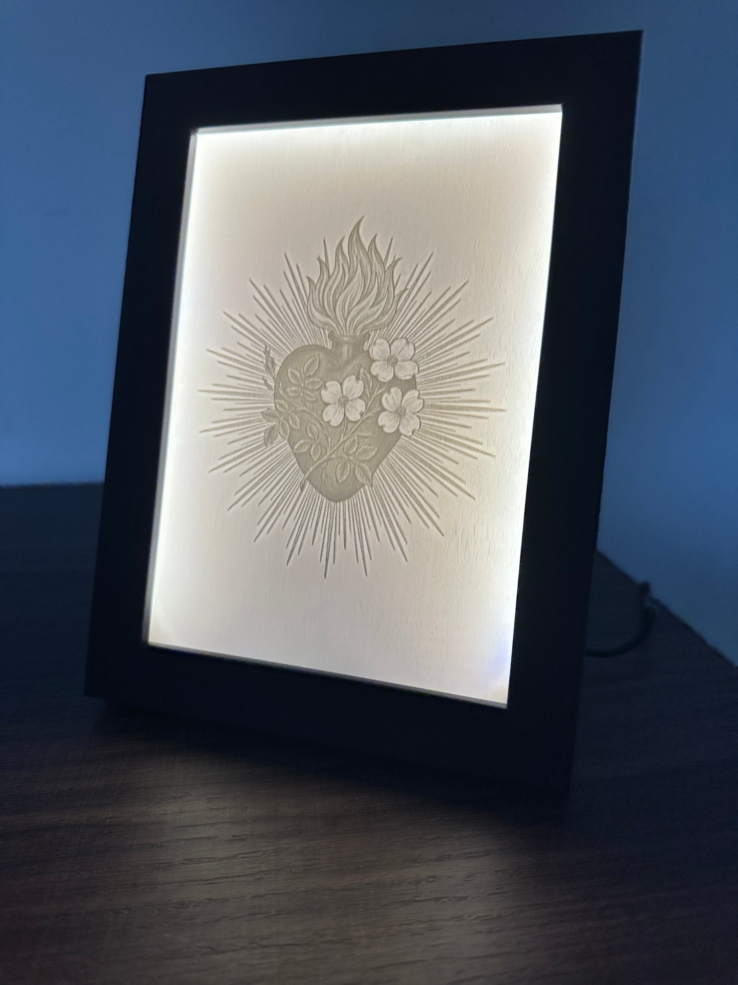 Sacred Heart of Jesus Glow Frame — warm LED glow through the lithophane