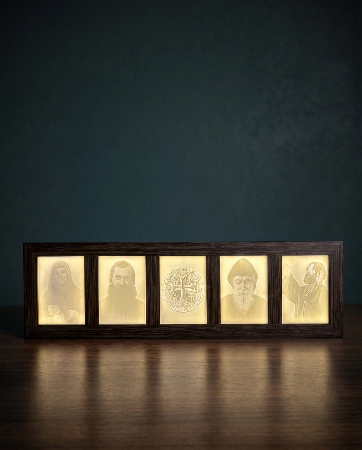 Custom 5-Panel GlowFrame — five glowing lithophane panels in one long wooden frame