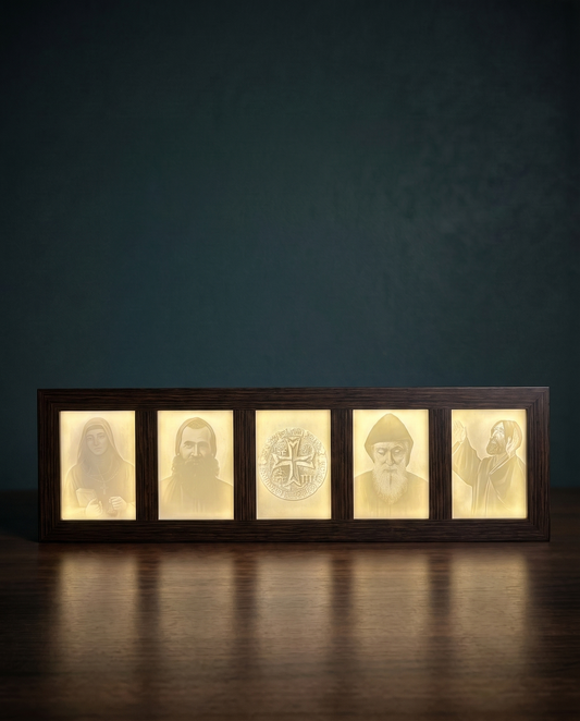 Custom 5-Panel GlowFrame — five glowing lithophane panels in one long wooden frame