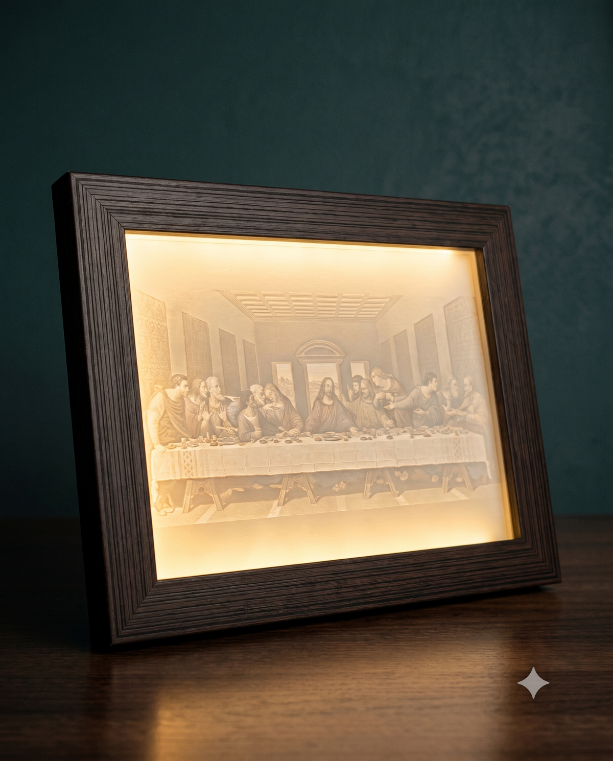 The Last Supper GlowFrame — side view showing the depth of the wooden frame