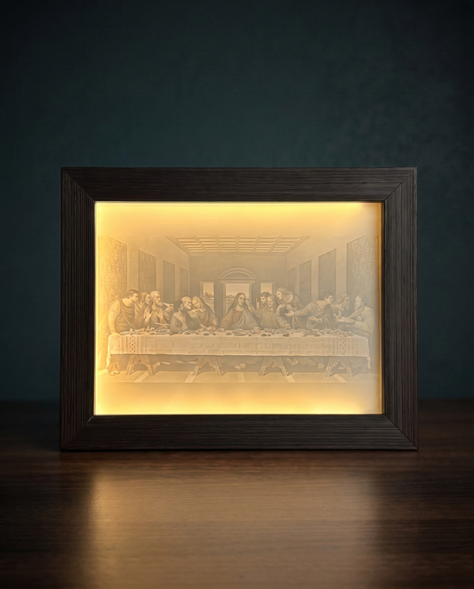 The Last Supper GlowFrame — handcrafted 3D LED frame glowing in warm light