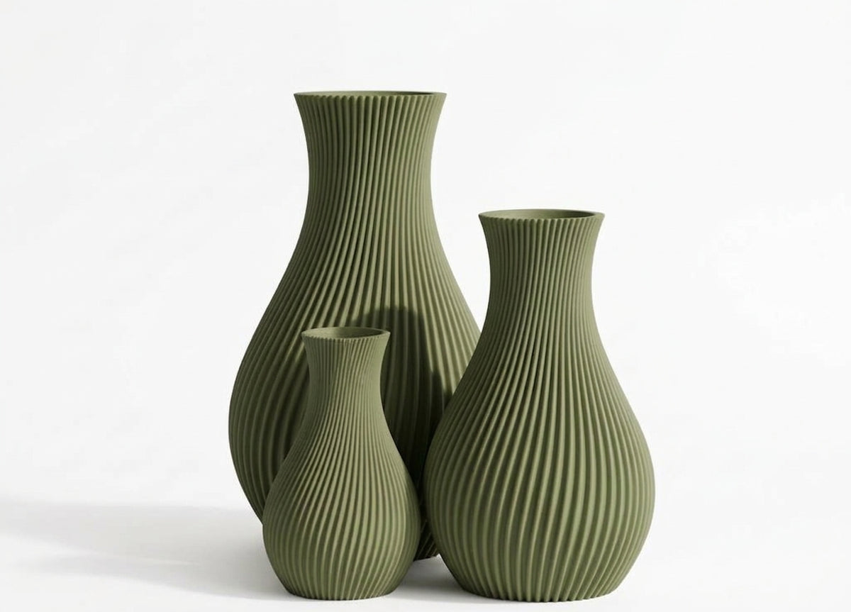 Terra Reed vases in three sizes, Olive Green